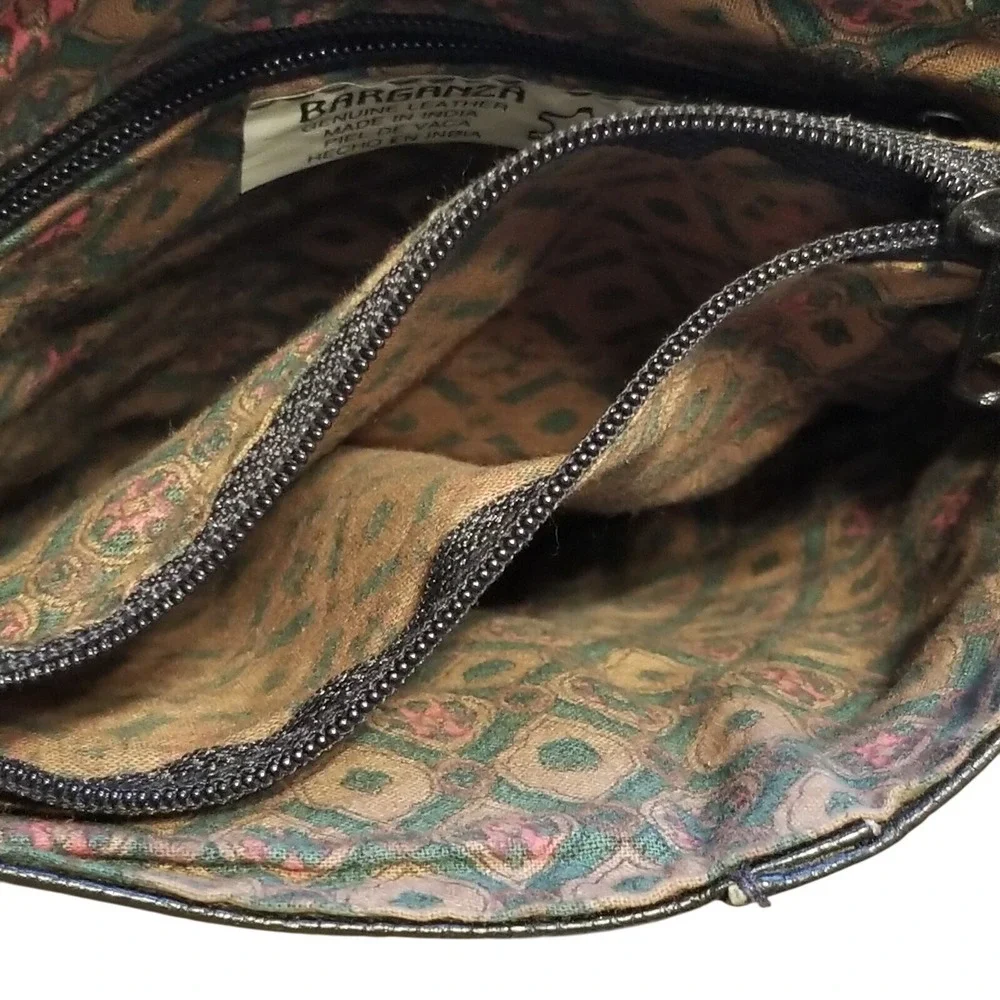 Vintage Barganza Leather Crossbody Bag Black Organizer Purse Made in India‎